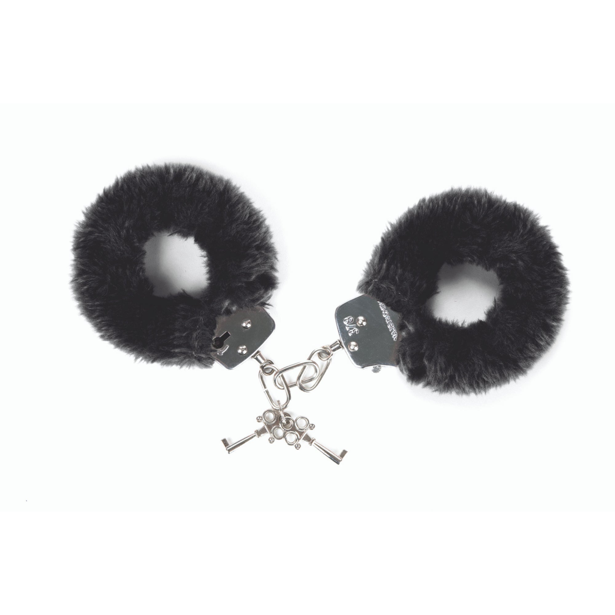 Black faux fur lined metal handcuffs with two keys.