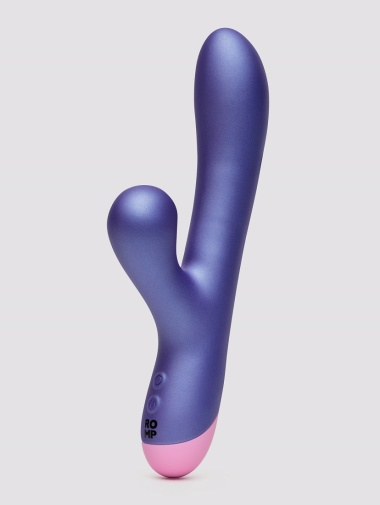 Purple and pink rabbit vibrator with buttons and logo.