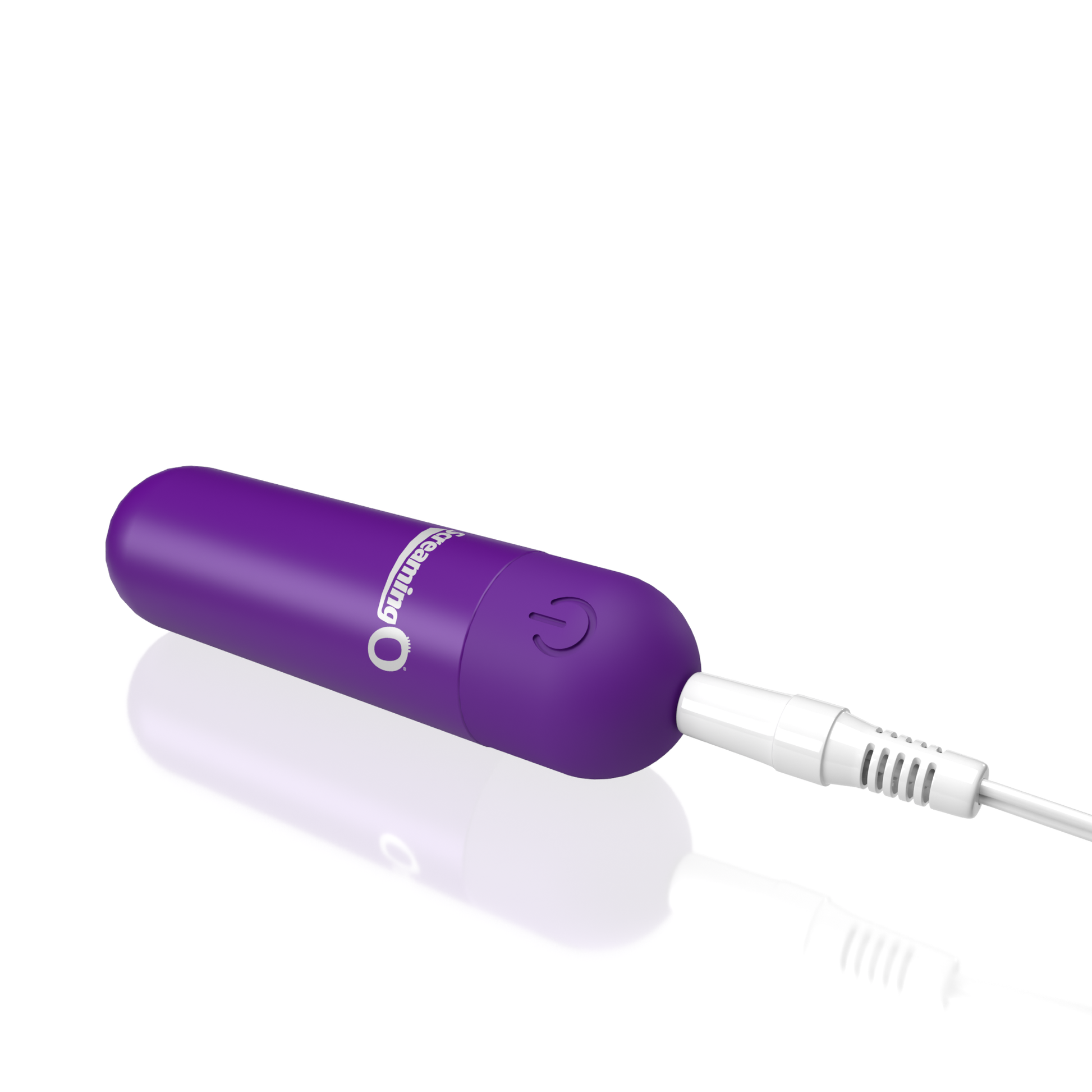 Purple rechargeable bullet vibrator with power button and cord.
