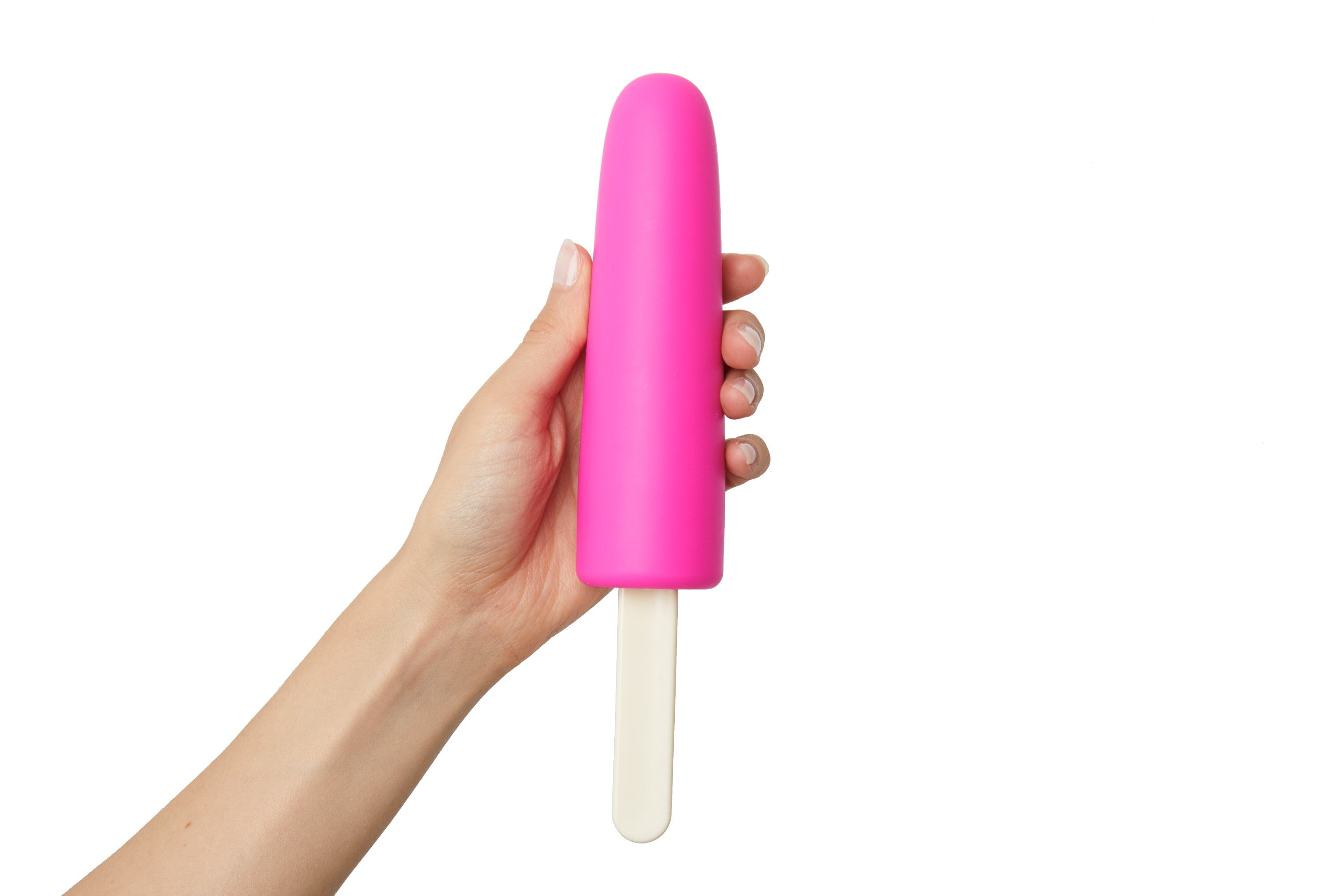 A hand holds a pink, ice pop-shaped silicone dildo.