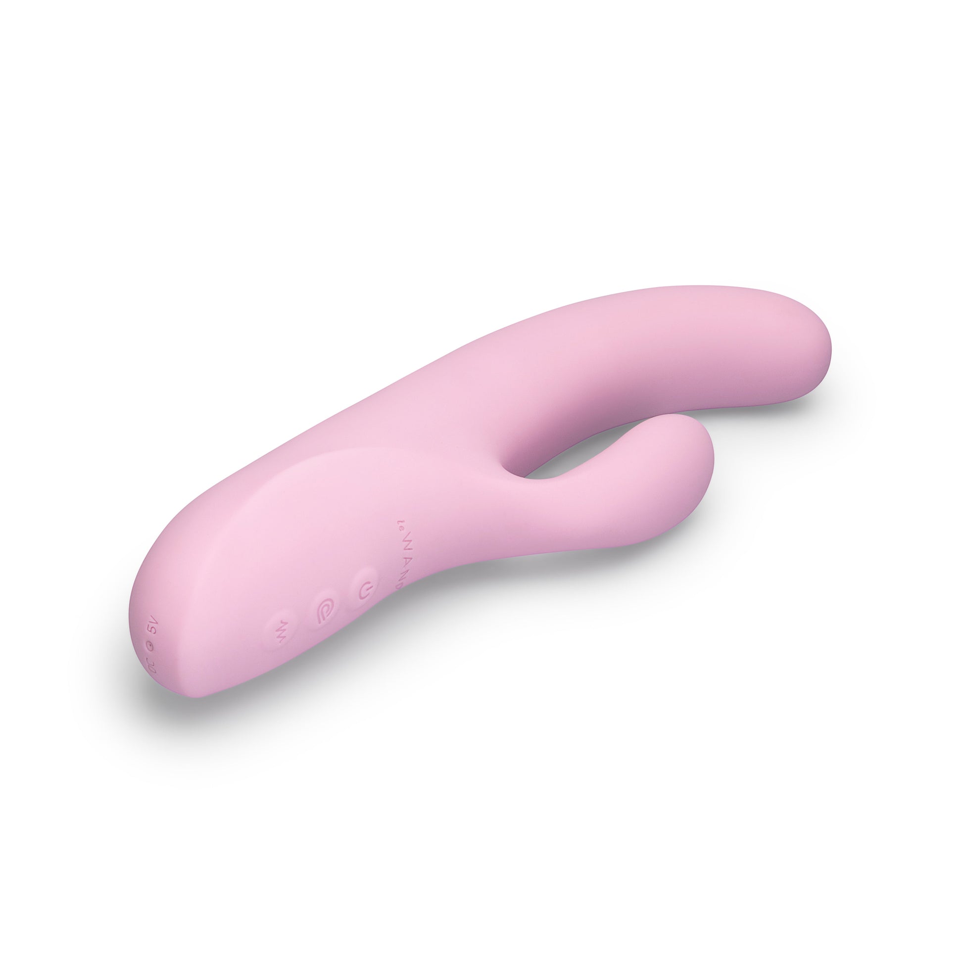 A pink silicone rabbit vibrator with buttons and text indicating "DC 5V" and "Le Wand".