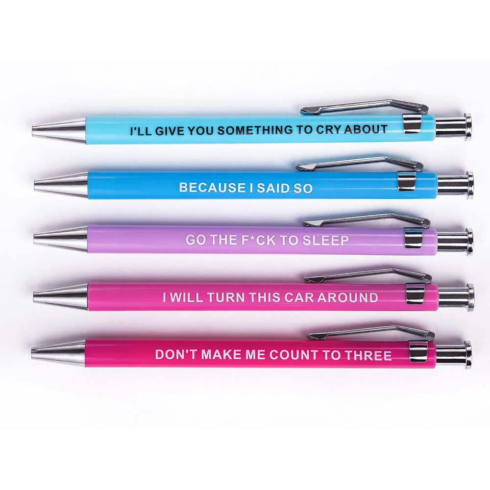Five colorful pens with funny parenting phrases.