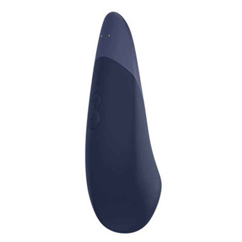 Dark blue clitoral vibrator with two buttons and charging ports.