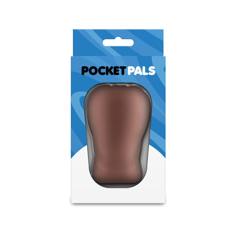 Brown TPE anal stroker in packaging with "POCKET PALS" logo.
