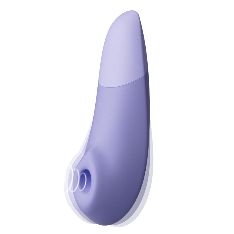 A purple and light purple clitoral stimulator with a textured opening.