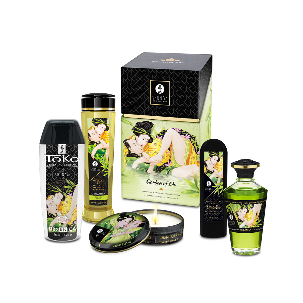 Garden of Edo gift set with massage oil, lubricant, candle, and oils.
