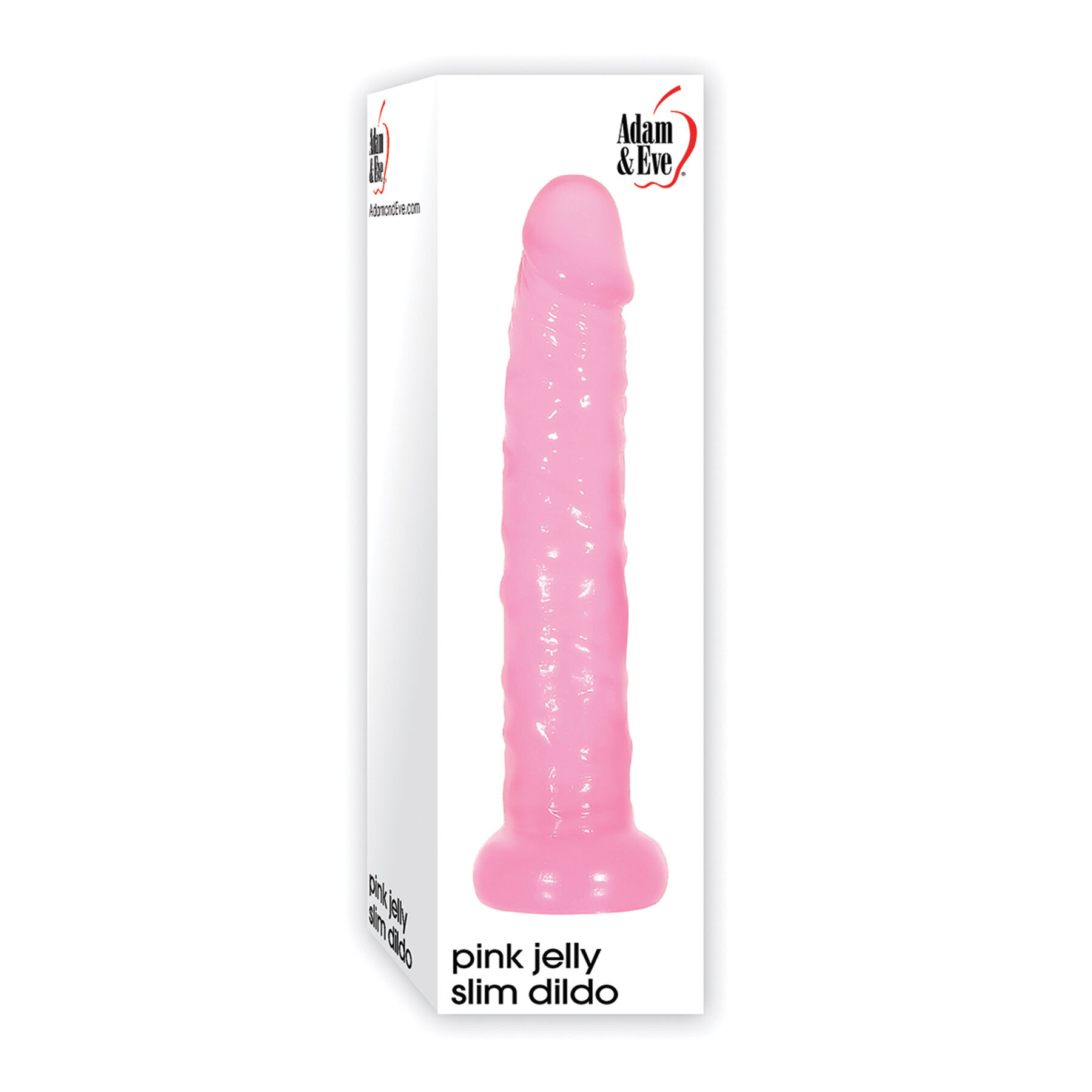Pink slim jelly dildo in white Adam & Eve packaging, 6 inches long with realistic texture.