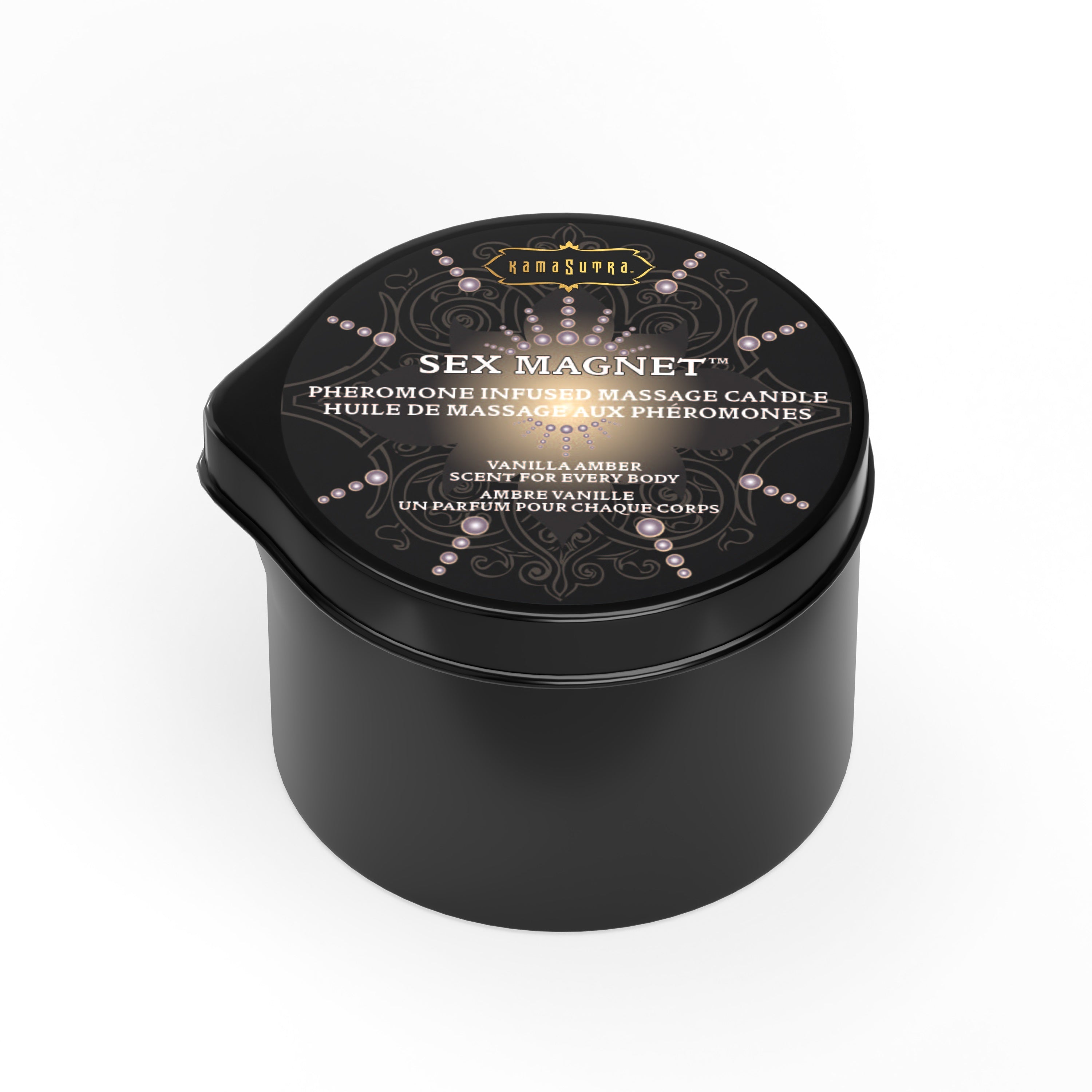 Kama Sutra Vanilla Amber Pheromone Massage Candle with decorative lid.