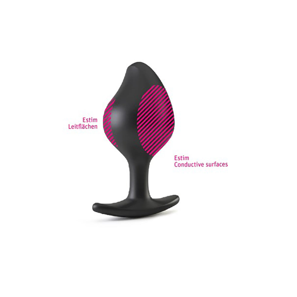 Black E-stim prostate butt plug with pink conductive surfaces.