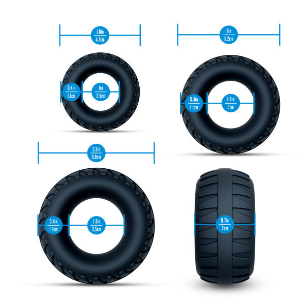 Textured silicone cock rings in three sizes with measurement indicators.