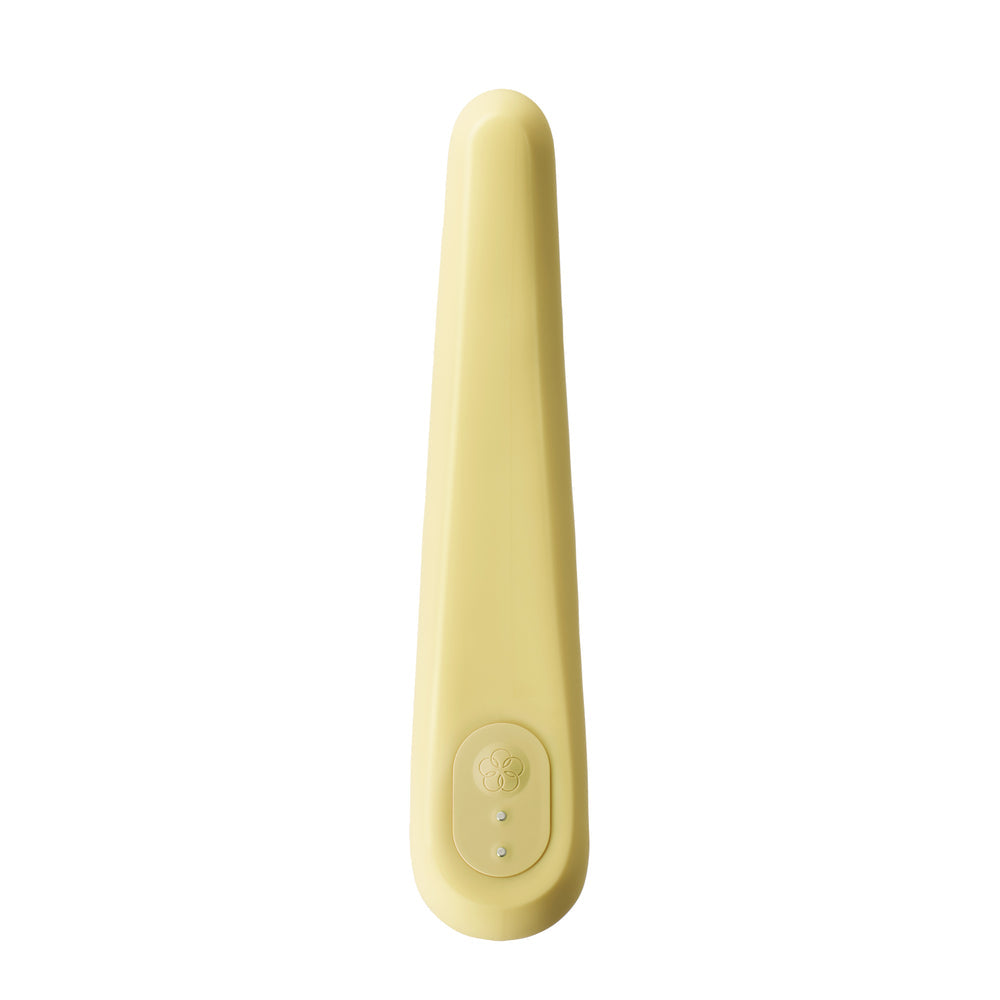 A pale yellow, tapered vibrator with a flower-shaped button.
