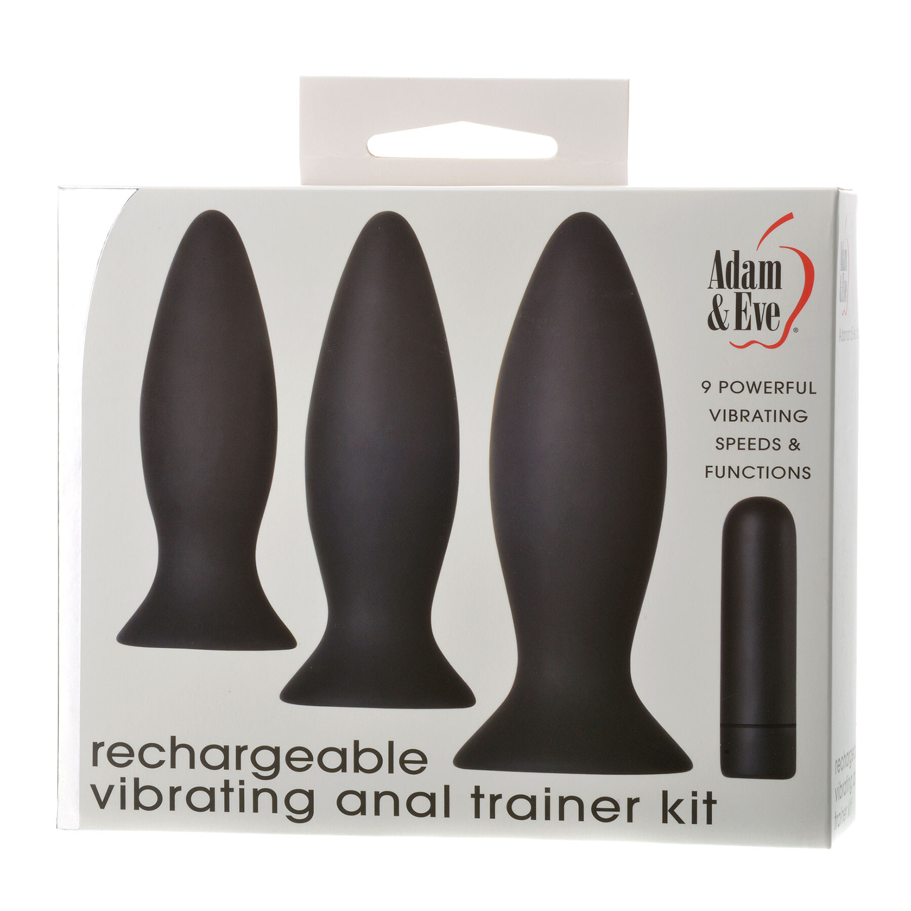 Adam & Eve rechargeable vibrating anal trainer kit with three silicone plugs.