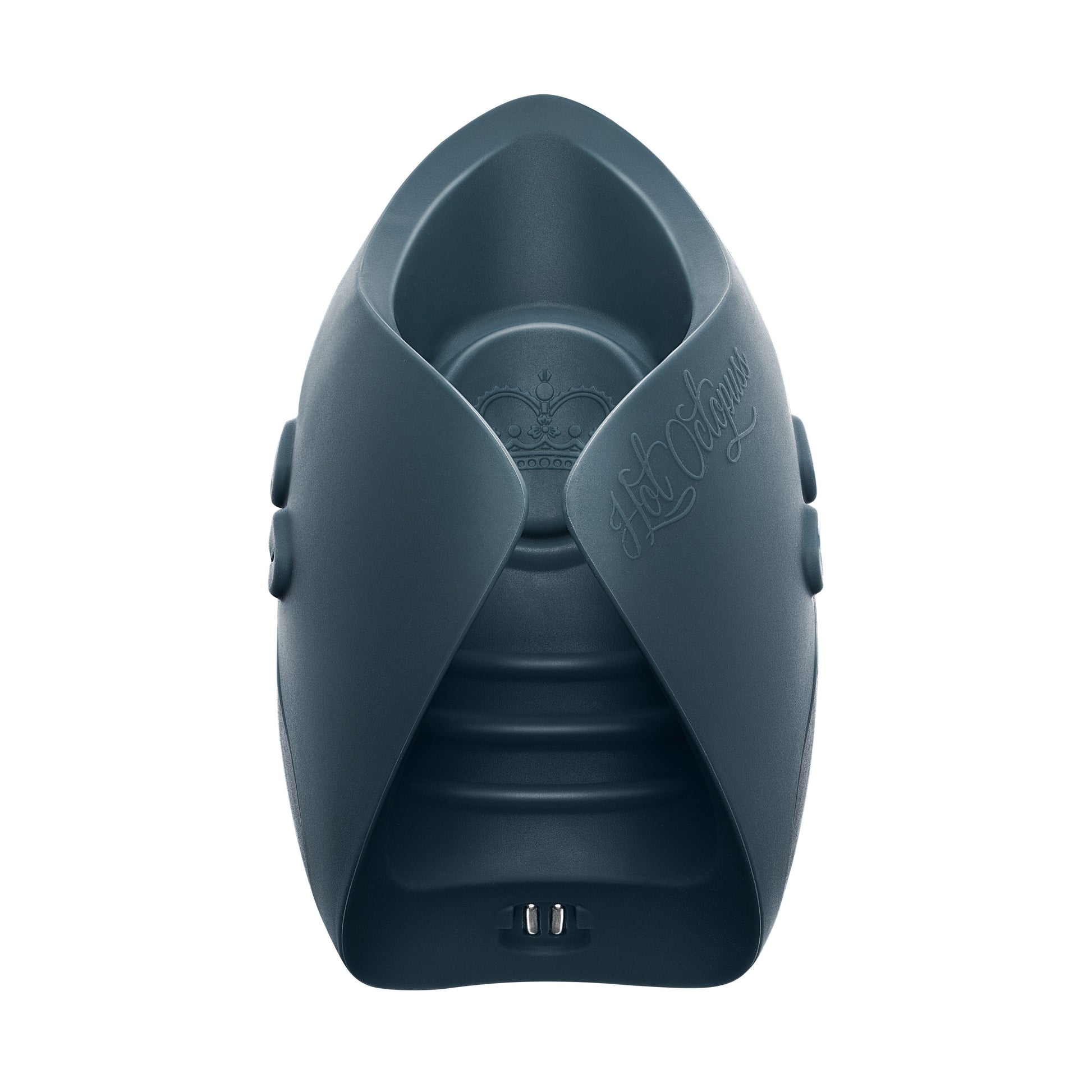 A dark teal Hot Octopuss Pulse Duo vibrator with embossed crown and text.