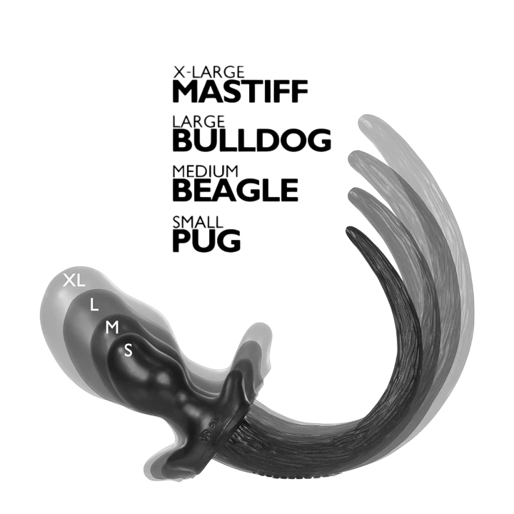 Silicone puppy tail anal plug in black, shown in multiple sizes.