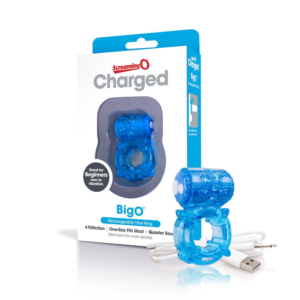 Blue rechargeable vibrating cock ring with USB charging cable.