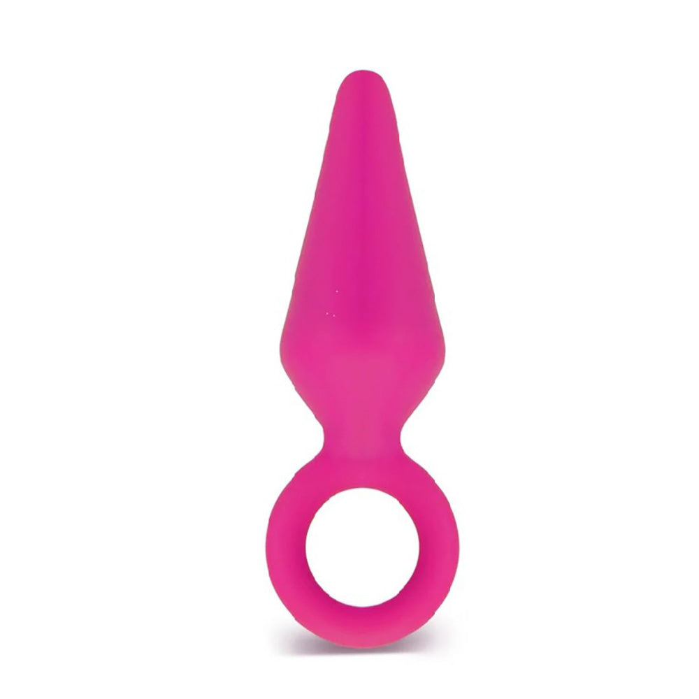 Pink silicone anal plug with a pull ring.