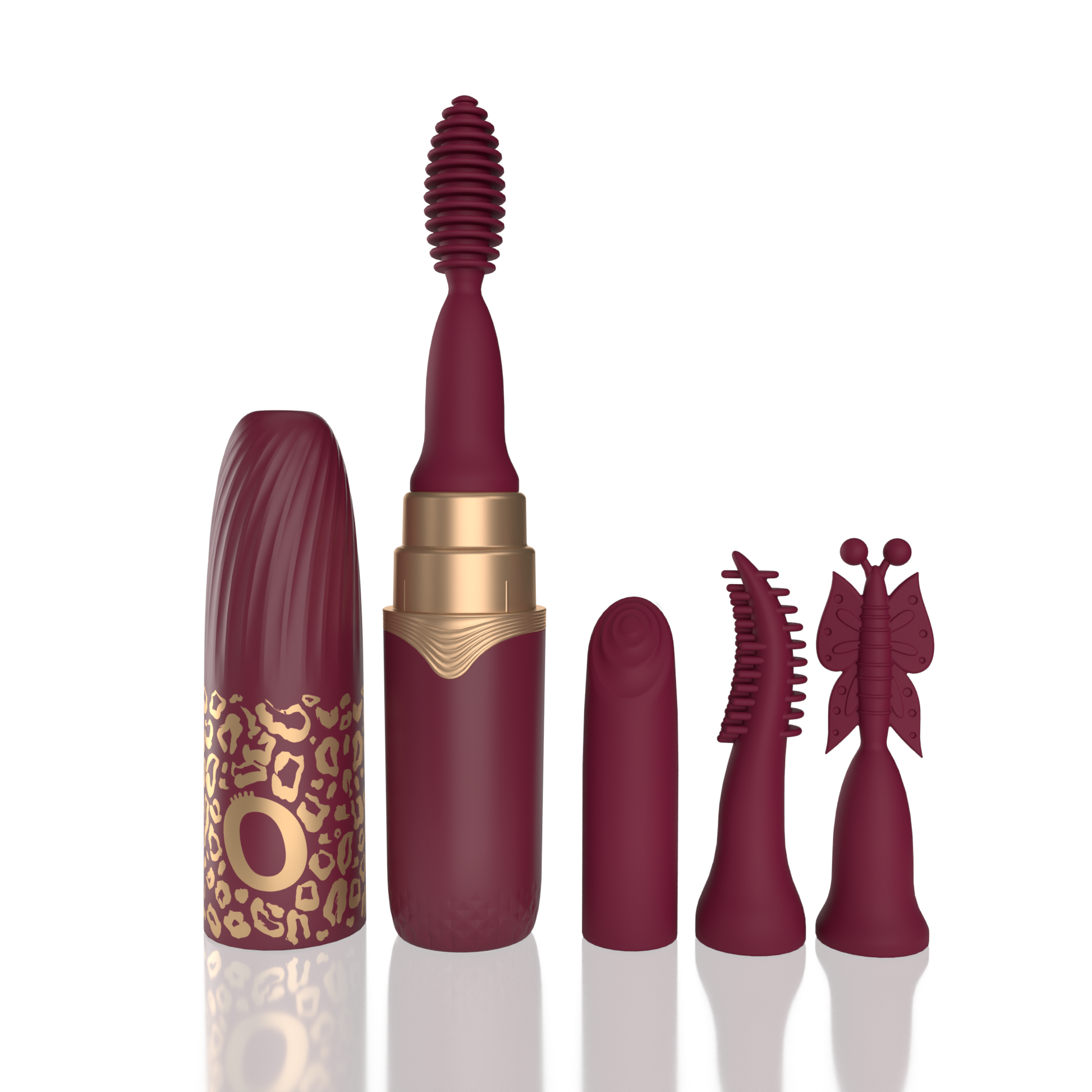 A burgundy lipstick vibrator with gold accents and four interchangeable tips.