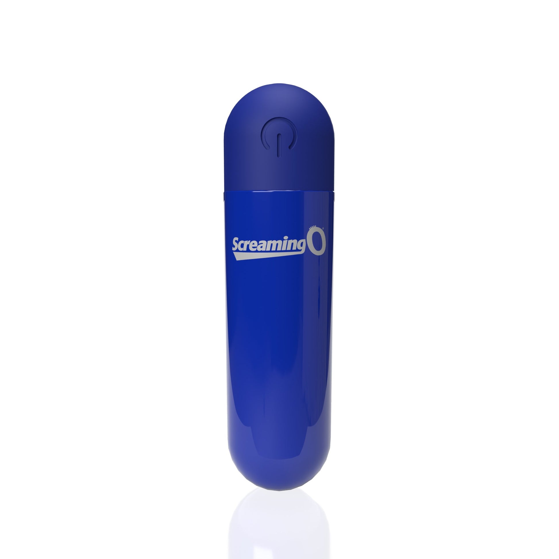 A blue rechargeable bullet vibrator with a power button symbol and "Screaming O" logo.