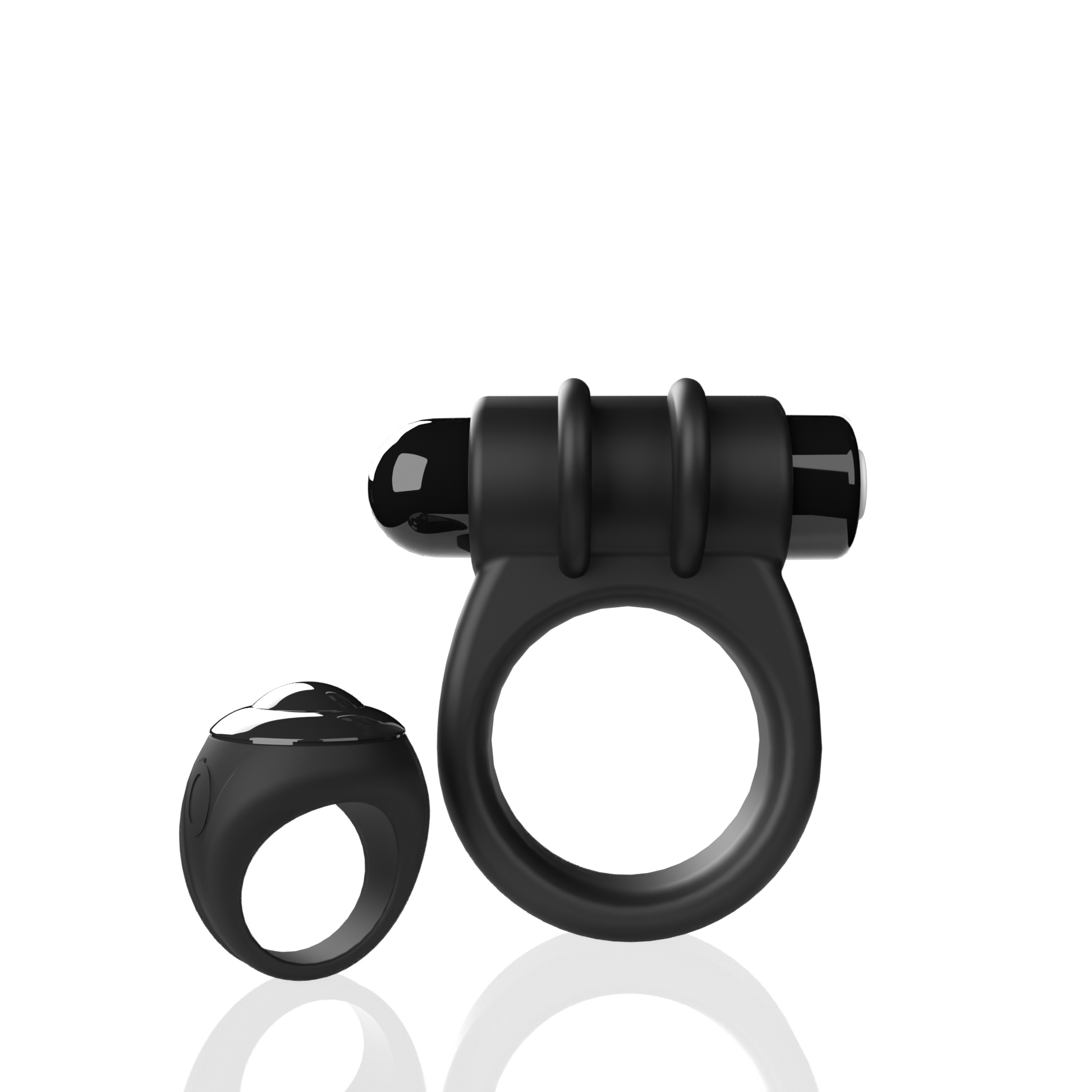 Black remote-controlled vibrating cock ring with a smaller vibrating ring.