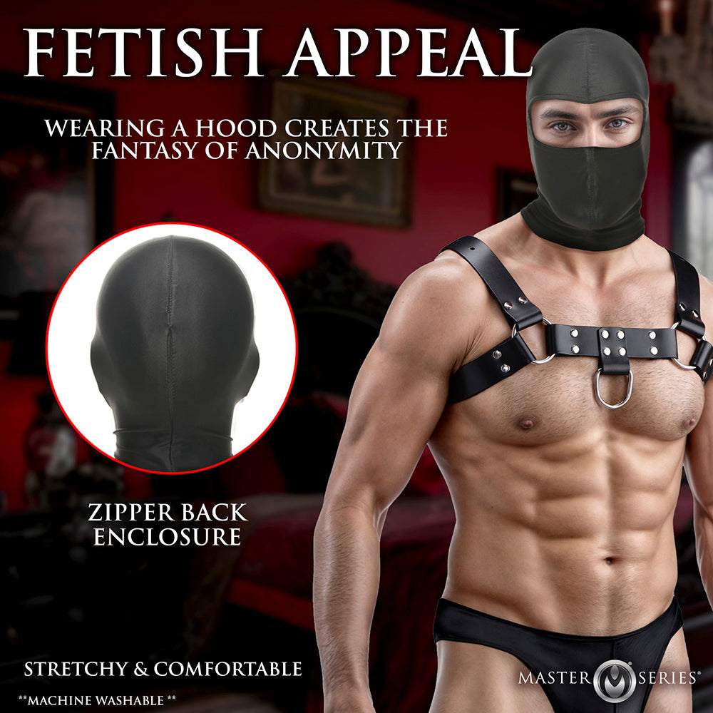 Black spandex fetish hood with zipper back and harness.