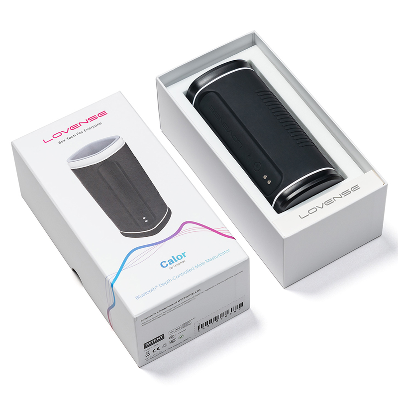 Lovense Calor Bluetooth-controlled male masturbator in black with white trim.