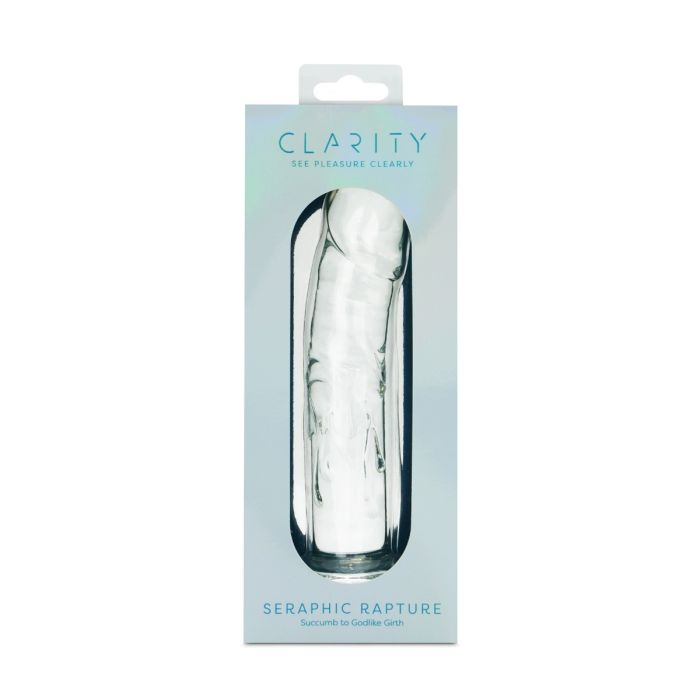 Clear borosilicate glass dildo with "Seraphic Rapture" branding.