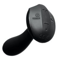 Black remote-controlled prostate vibrator with treble and volume controls.