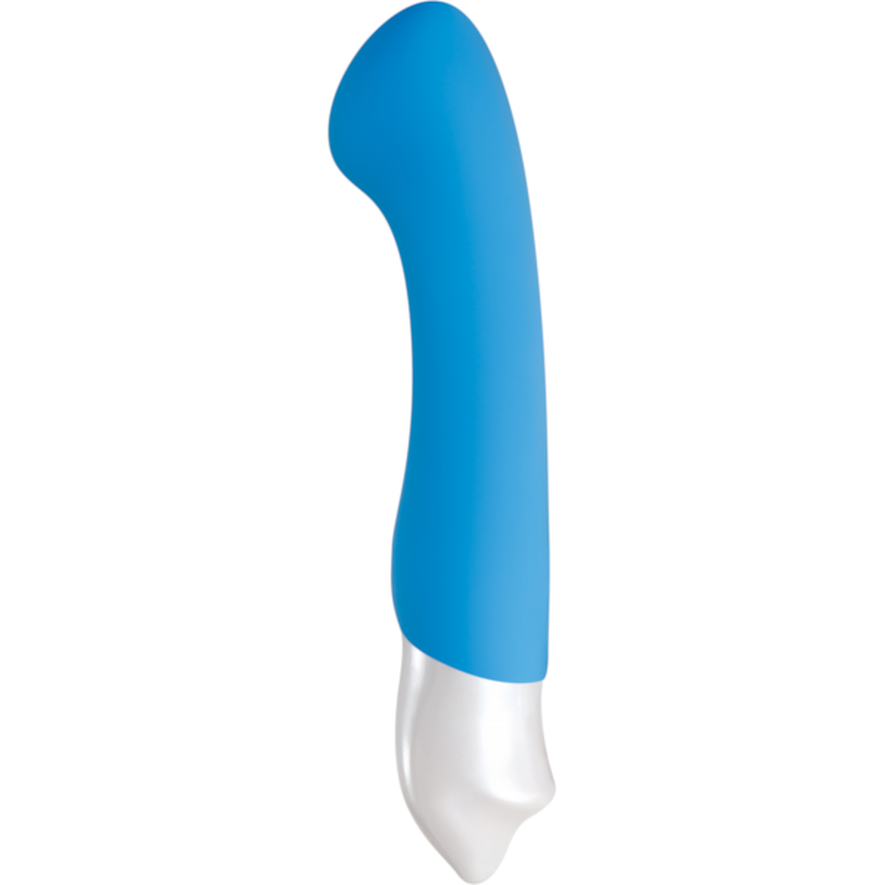 Blue and silver G-spot vibrator with a flat head.