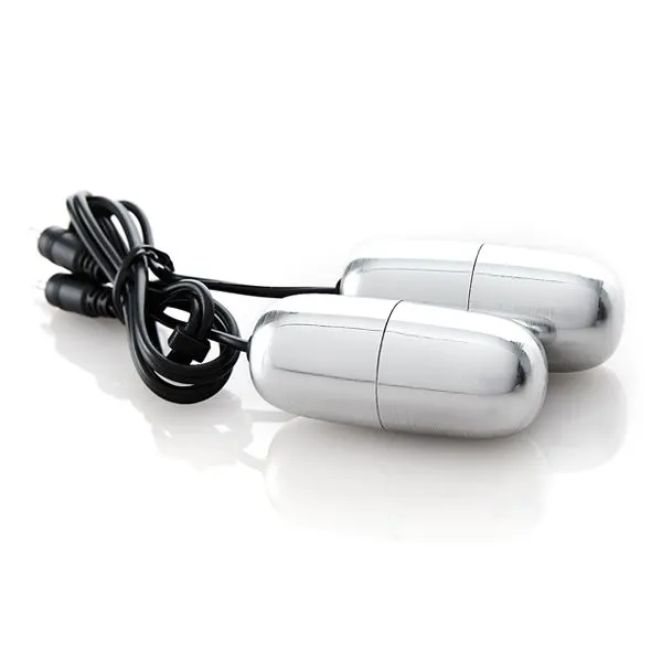 Two silver, bullet-shaped vibrators connected by a black cord.