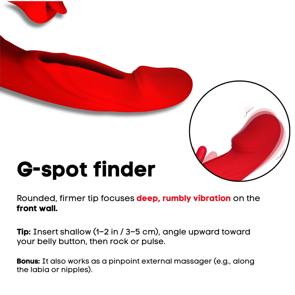 Red silicone G-spot finder vibrator with text instructions.