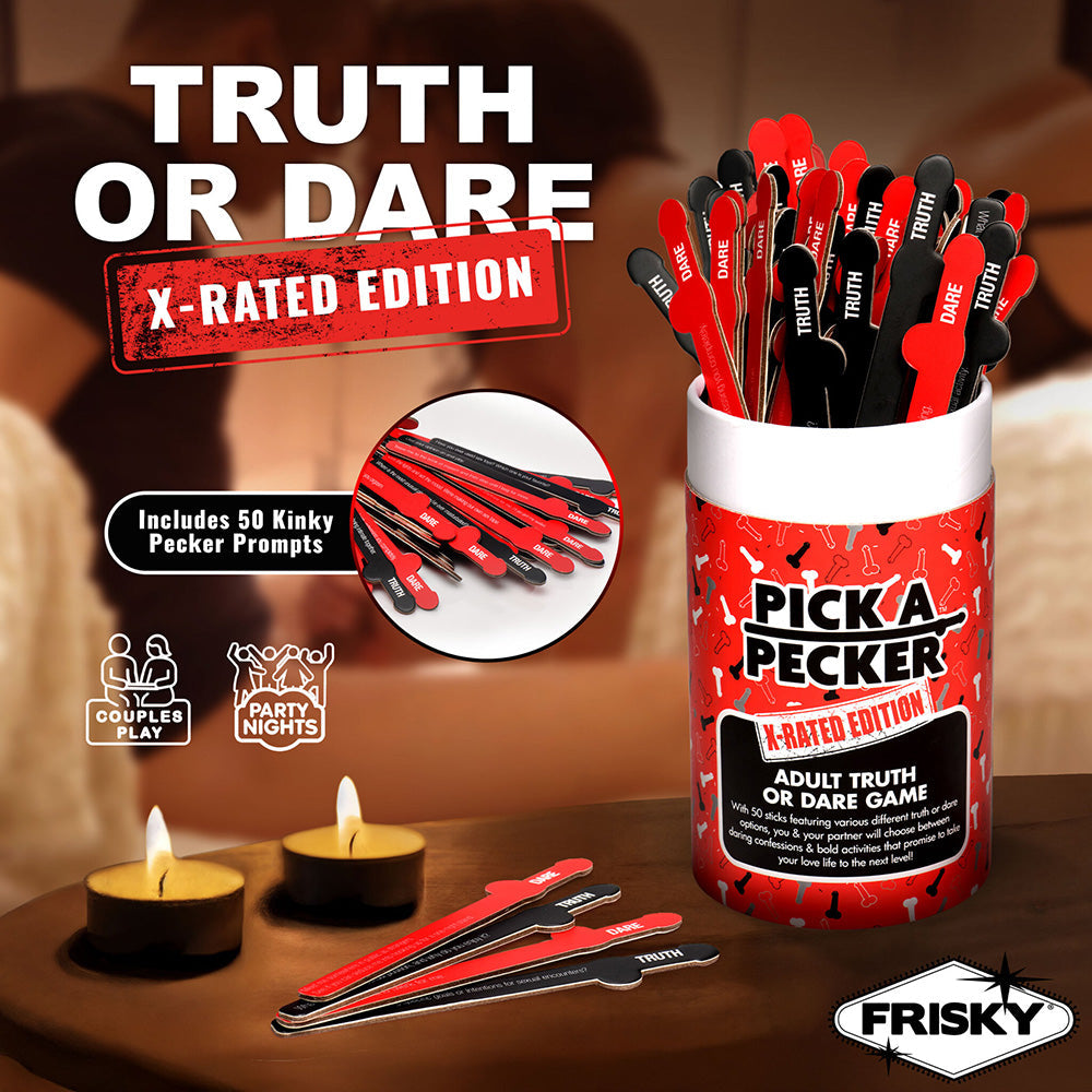 Truth or Dare adult card game with 50 kinky prompts in a pecker-themed container.