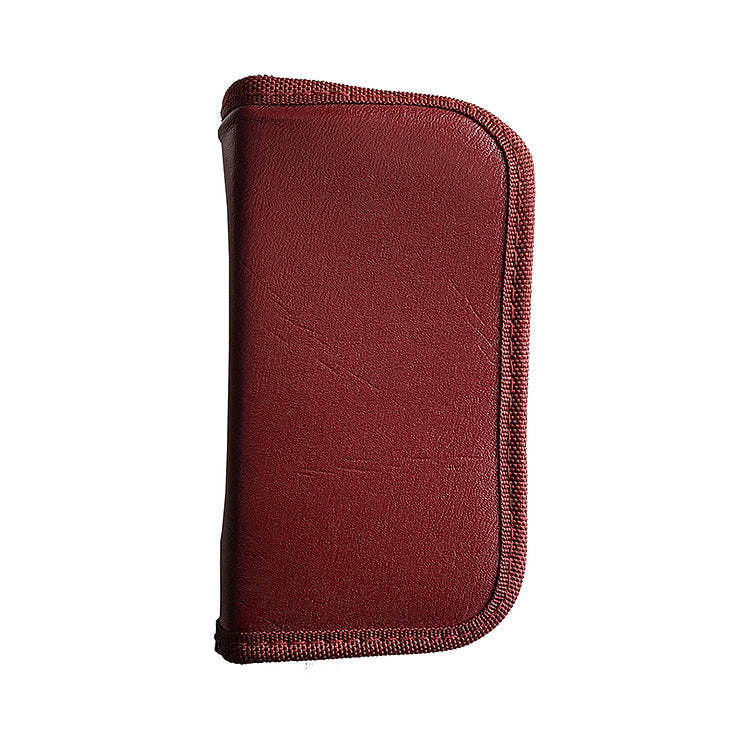 A dark red leather case with a textured trim.