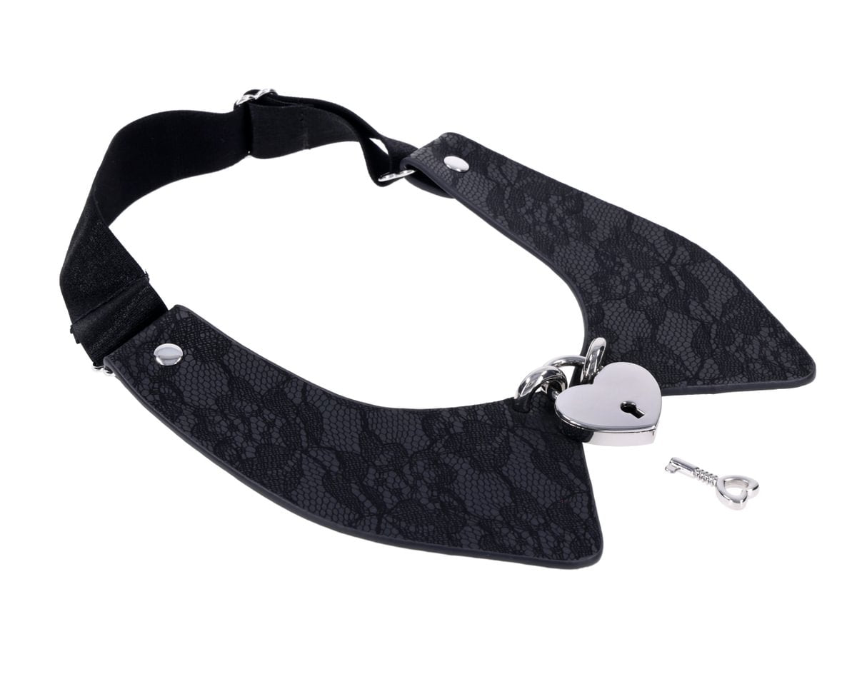Black lace collar with a silver heart lock and key.