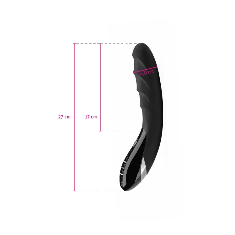 Black silicone vibrator with dual motors, measuring 27 cm in length and 4 cm in width.