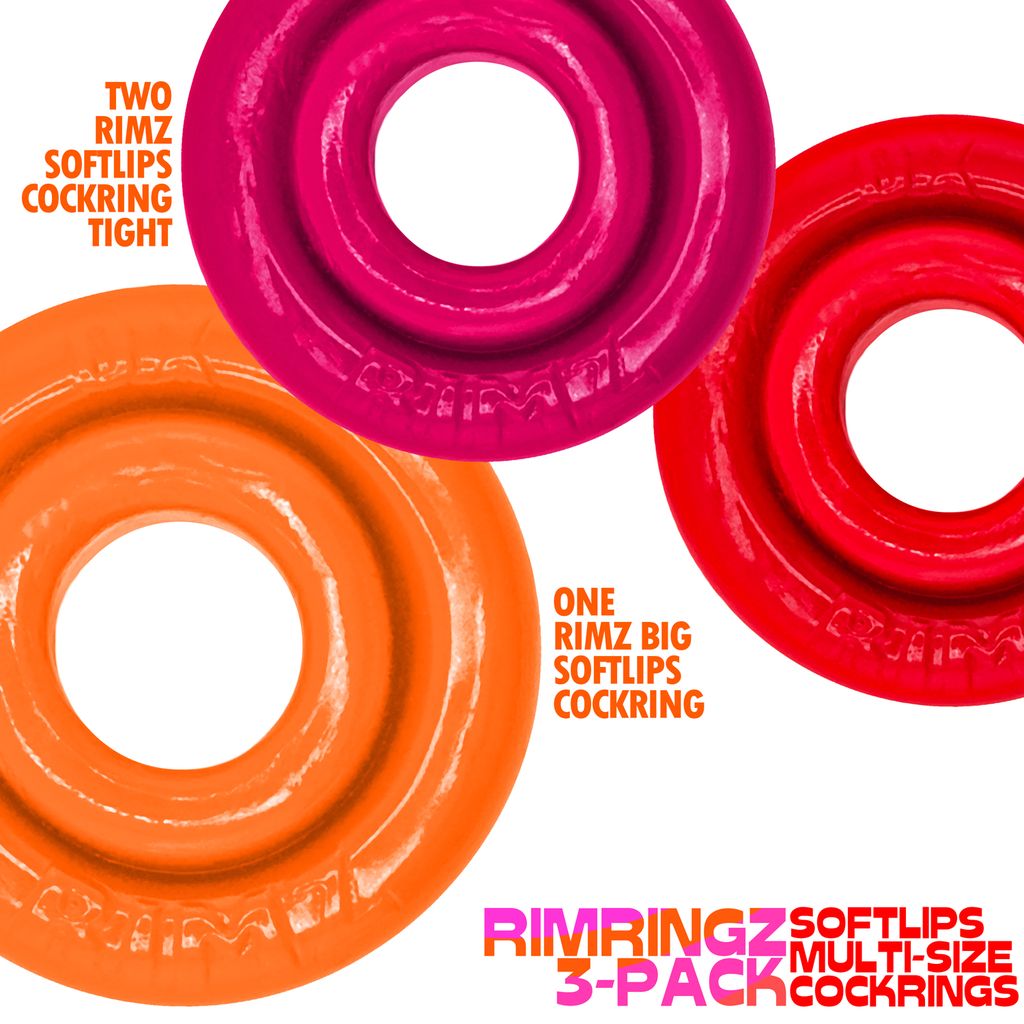 Three Rimringz cock rings in orange, pink, and red.