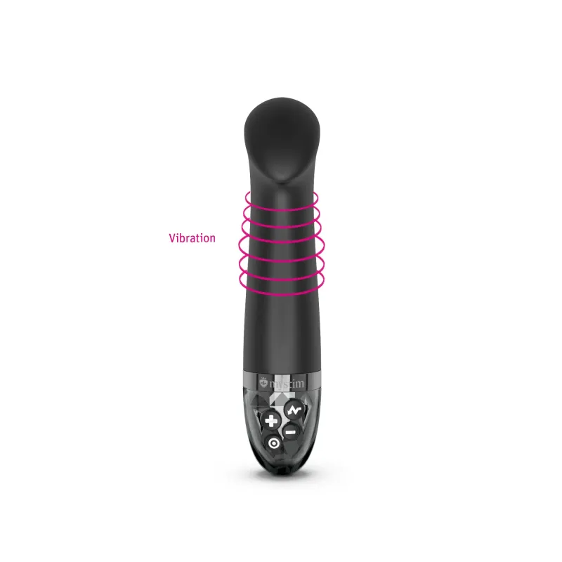 Black silicone vibrator with pink vibration rings and control buttons.