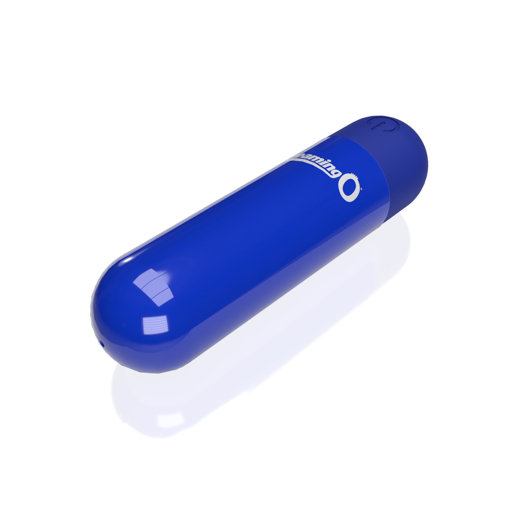 A blue rechargeable bullet vibrator with a power button and logo.