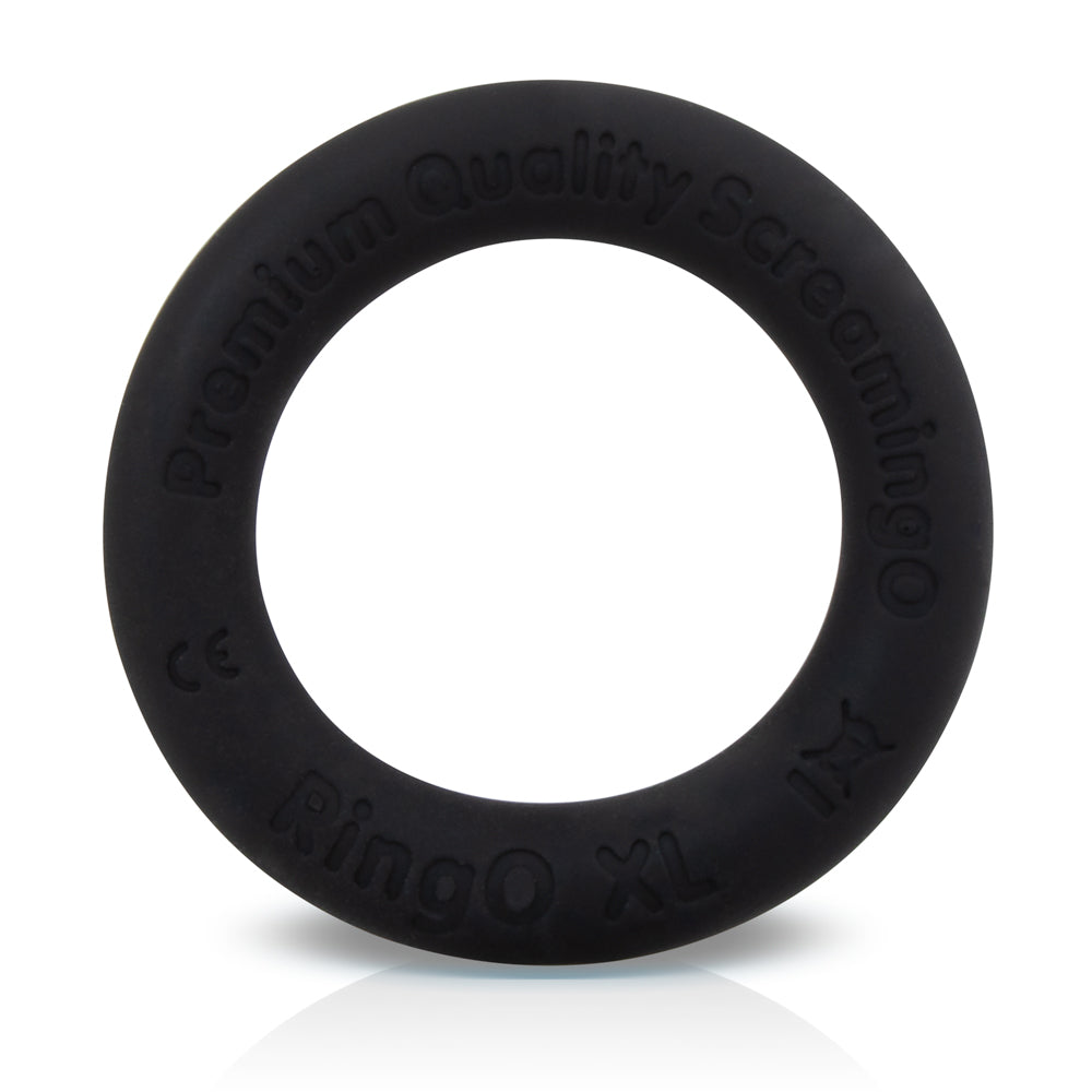 Black liquid silicone cock ring with "Premium Quality Screaming O" and "Ringo XL" text.