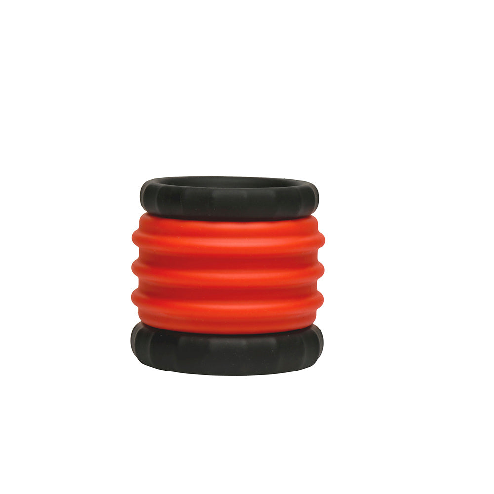 Red and black silicone cock ring and ball stretcher set.