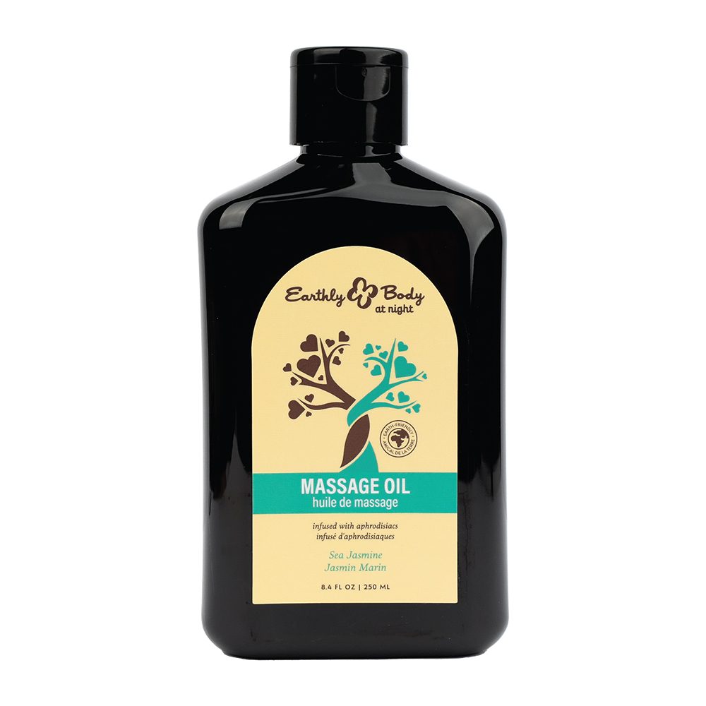 Black bottle of Earthly Body Sea Jasmine massage oil.
