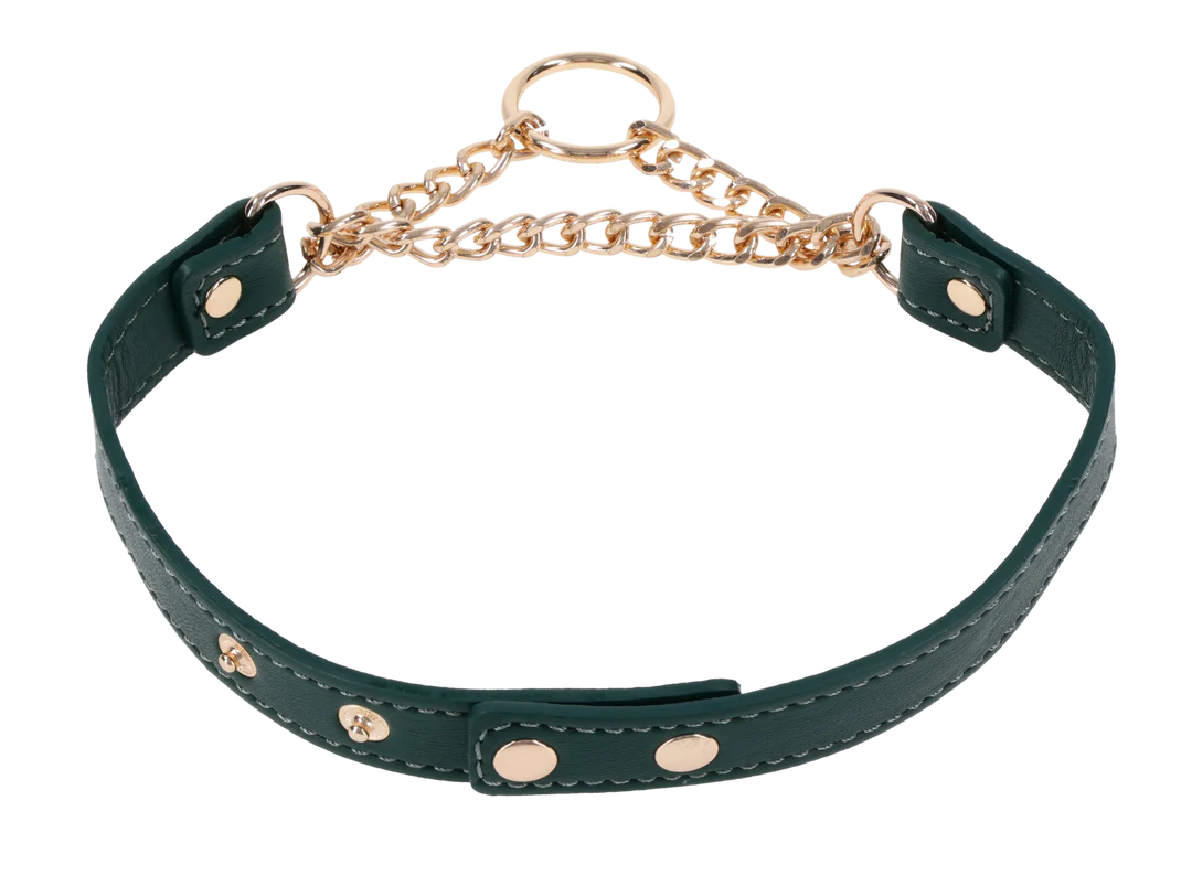 Emerald green faux leather day collar with gold chain and hardware.