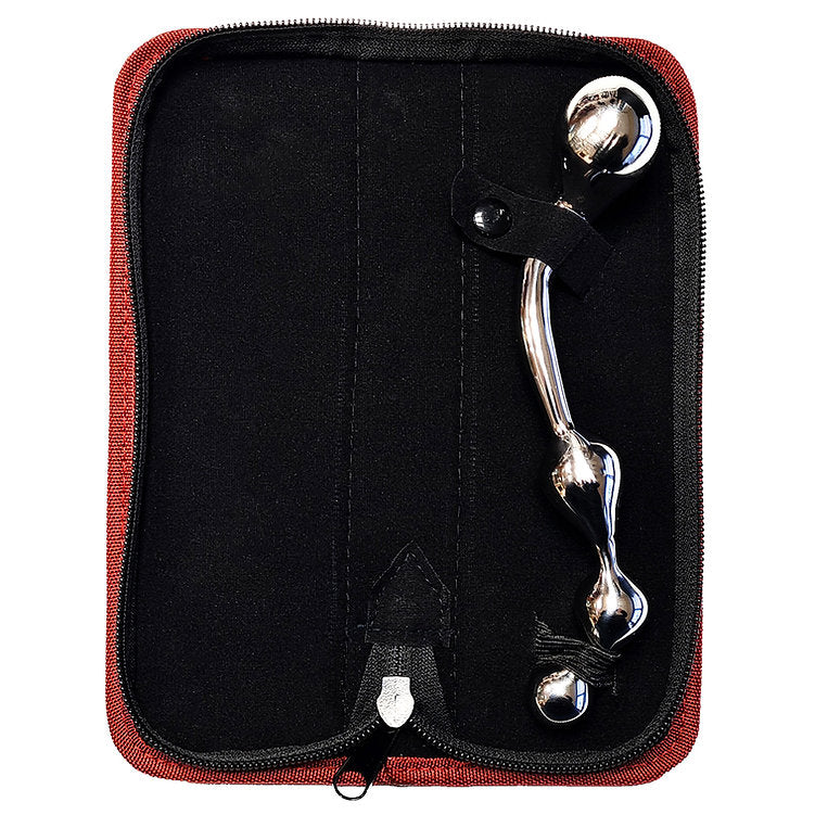 Stainless steel prostate probe with a curved design and four balls, inside a red and black case.