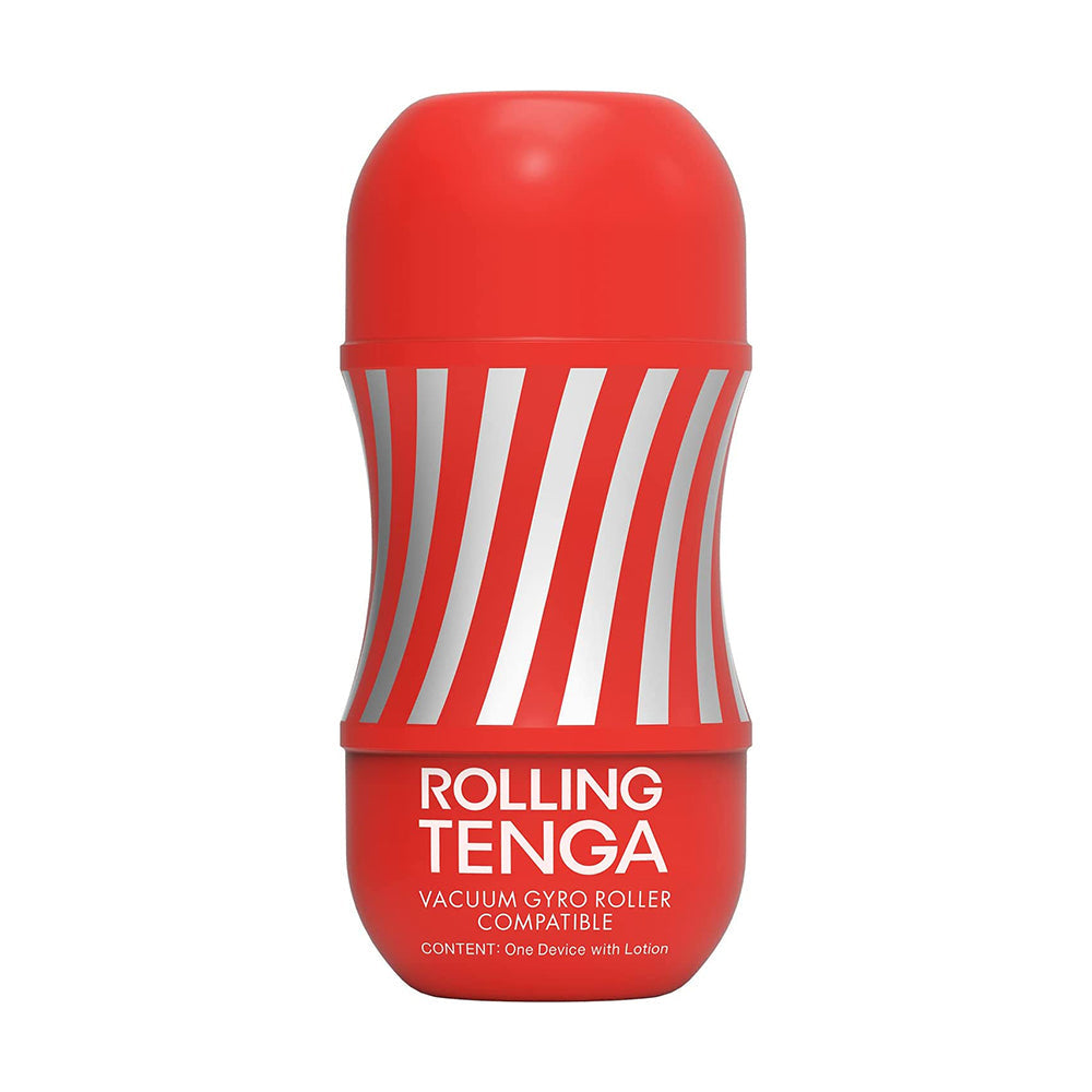Red Tenga Rolling Cup male masturbator with silver ribbed design.
