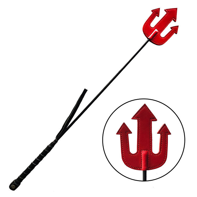 Red leather riding crop with a trident-shaped head.
