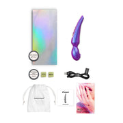 Iridescent purple wand vibrator with charging cable, storage bag, and user guide.