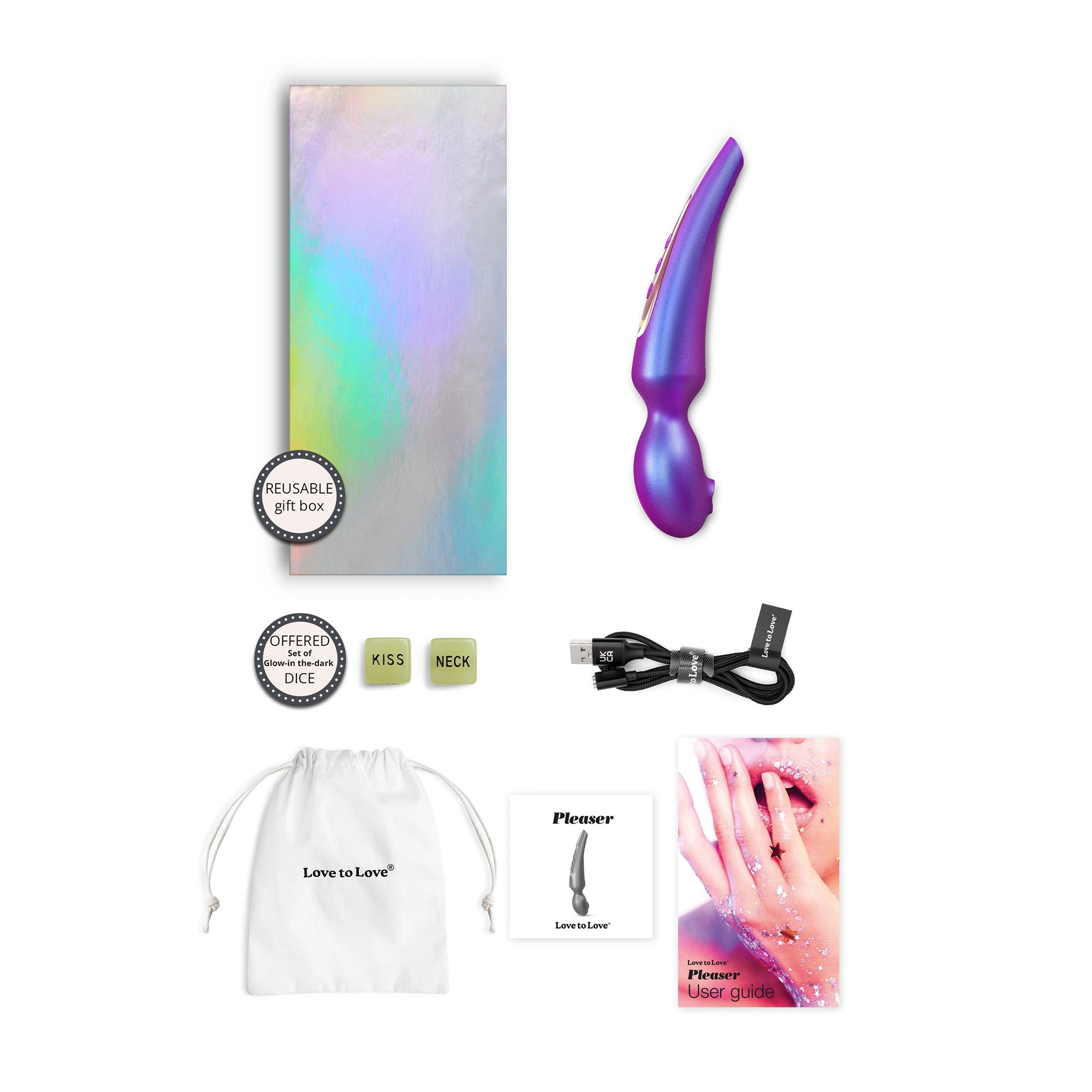 Iridescent purple wand vibrator with charging cable, storage bag, and user guide.