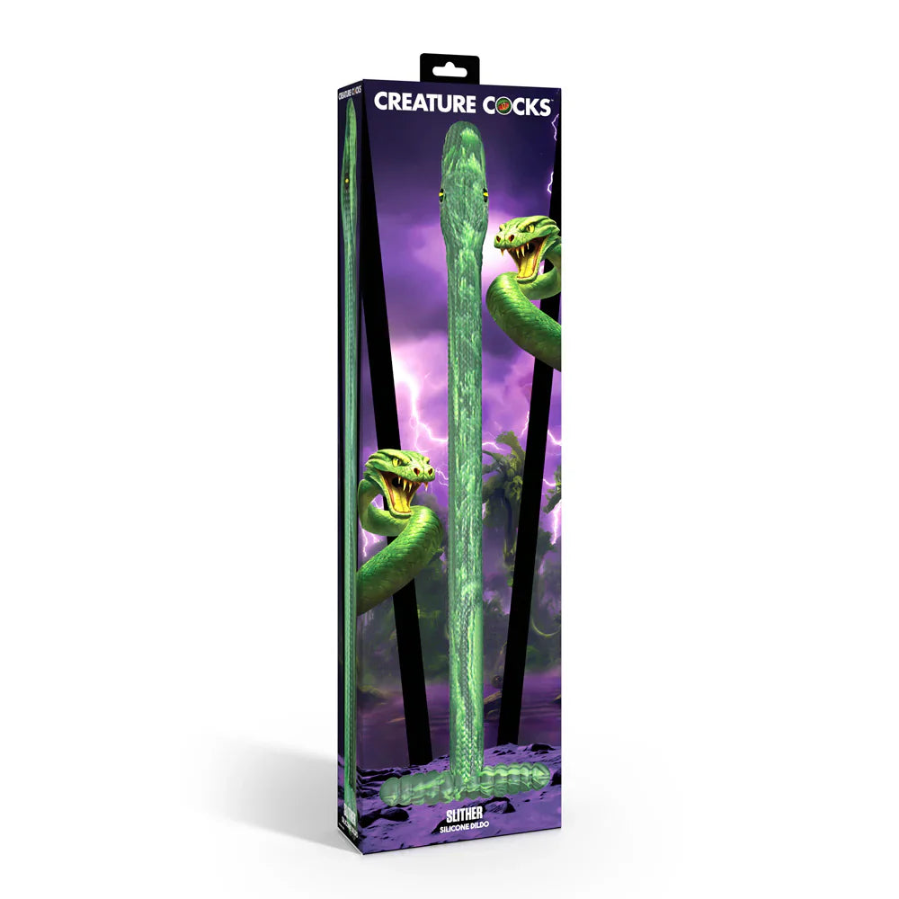 A green silicone snake dildo with a textured body and a T-shaped handle.