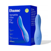A periwinkle silicone vibrator with an ergonomic curve and USB-C charging.