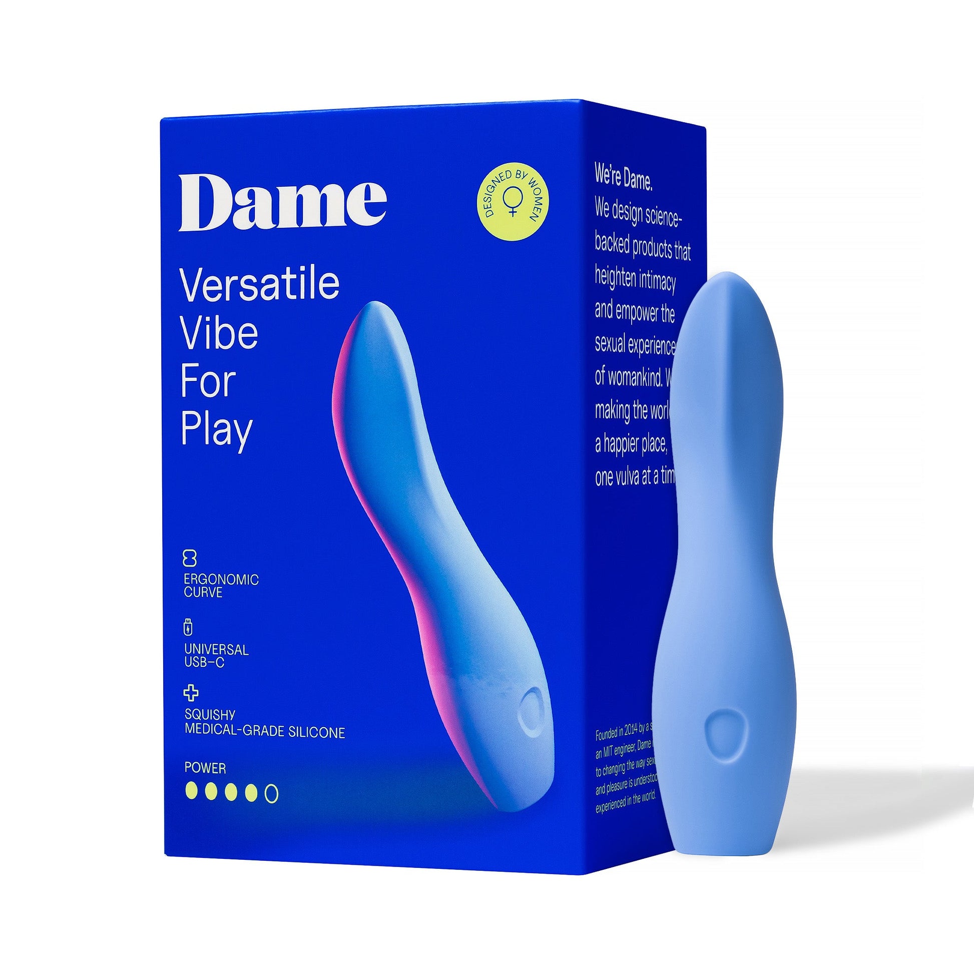 A periwinkle silicone vibrator with an ergonomic curve and USB-C charging.