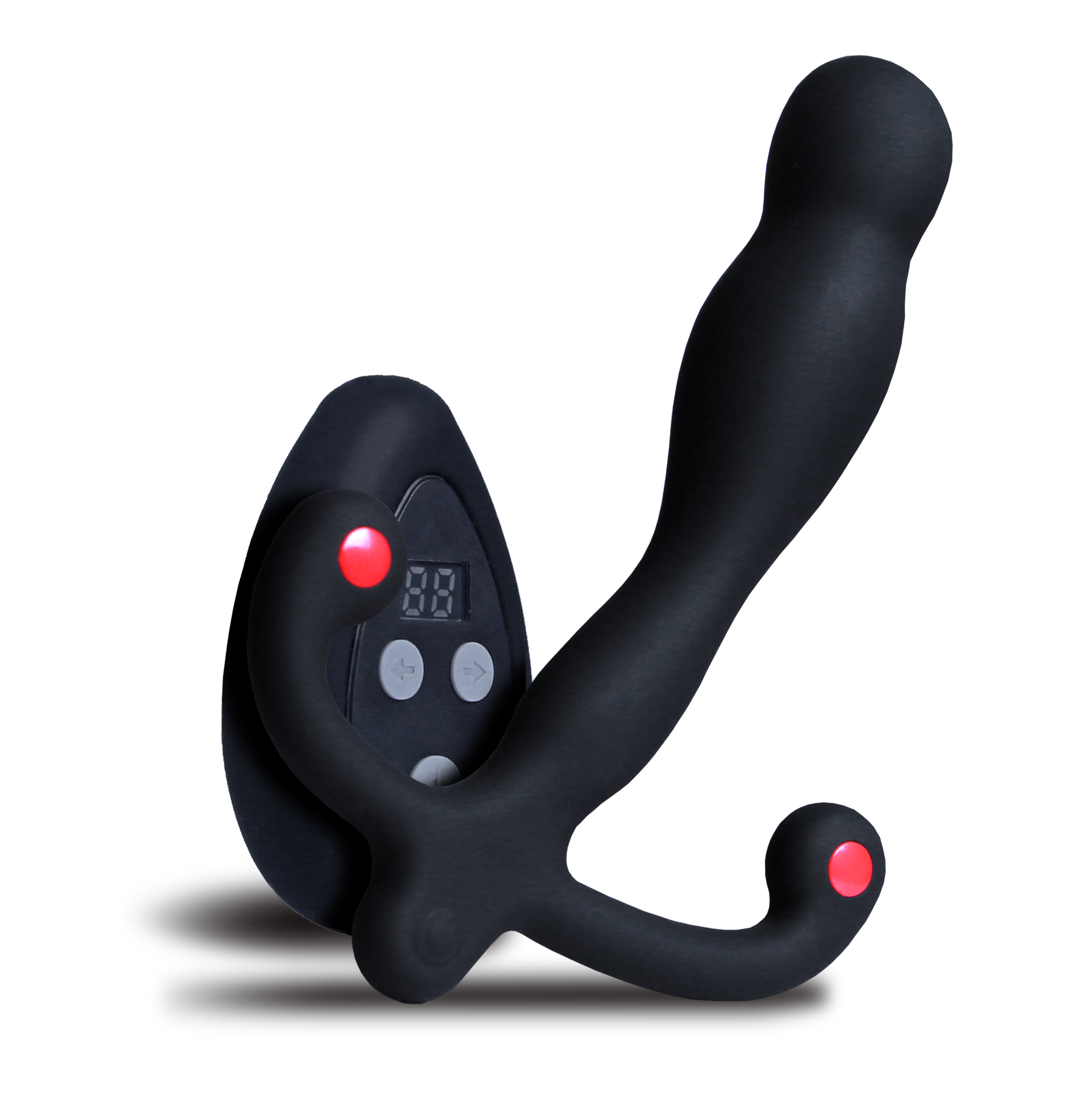 Black vibrating prostate massager with remote control and red indicator lights.